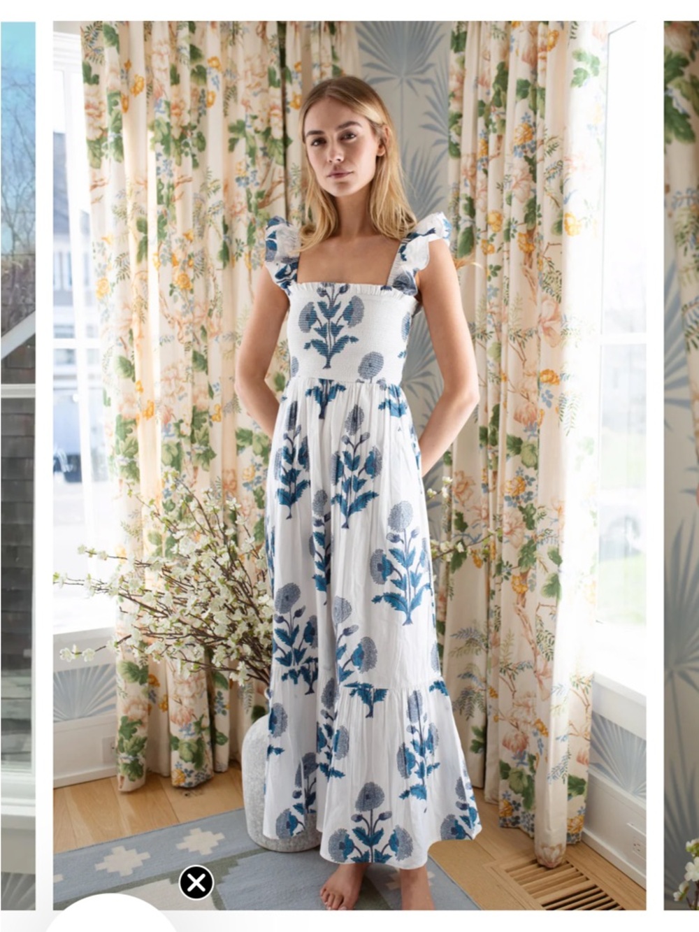Smocked Square-Neck Maxi Dress with Blue Floral Print